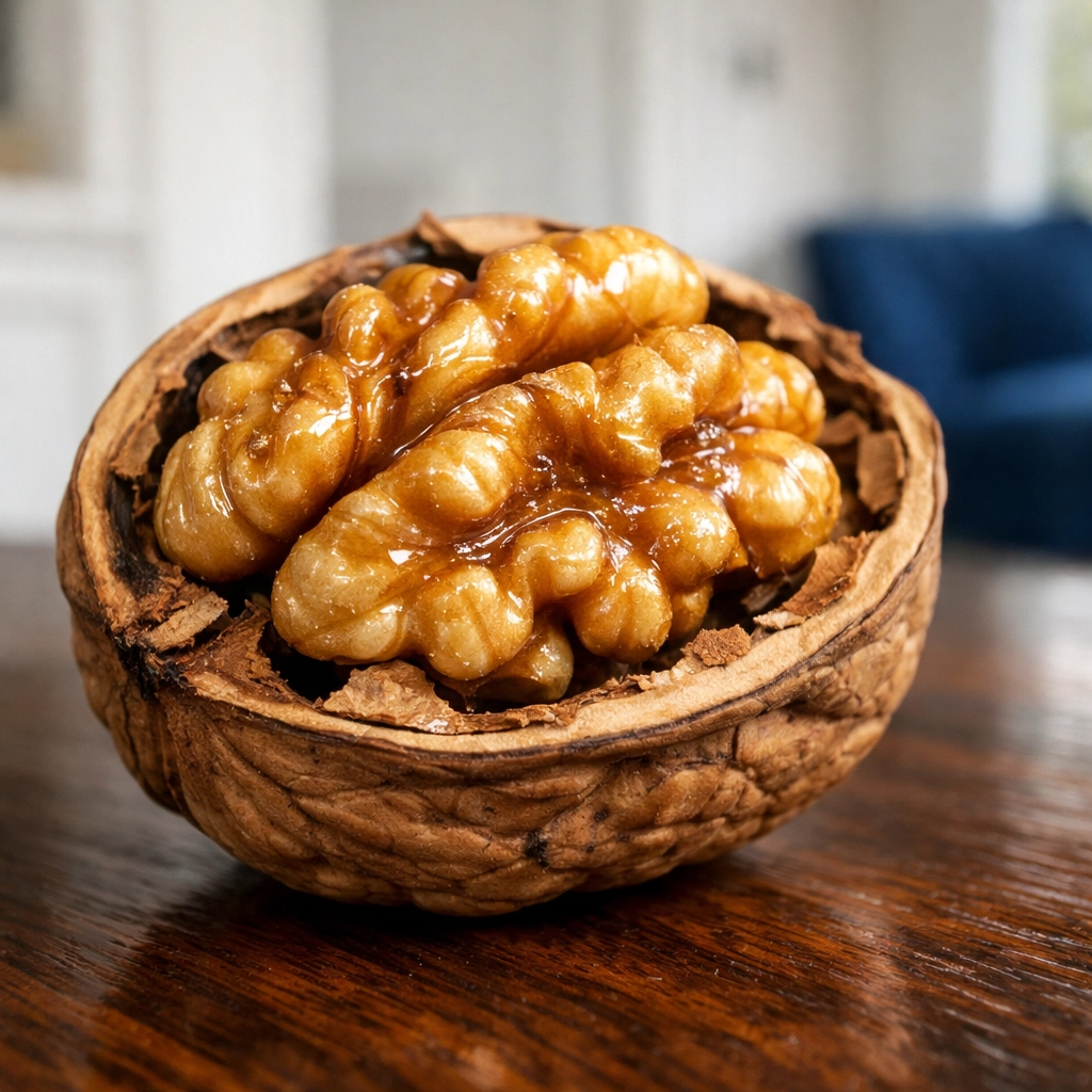 A raw walnut on a polished dark wood surface used for natural wood scratch repair.