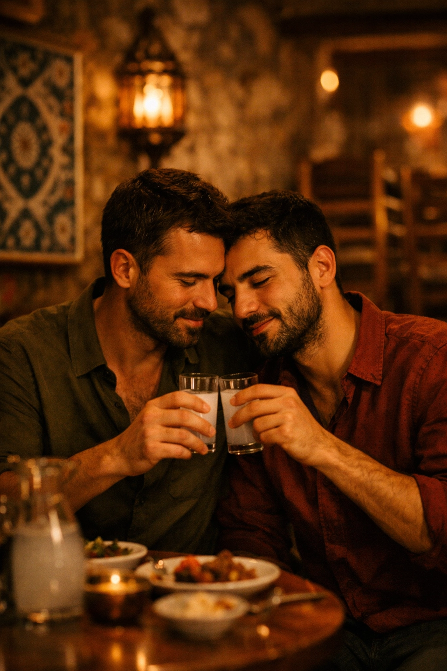 Gay couple shares intimate moment over rakı in traditional Istanbul tavern - MM romance story