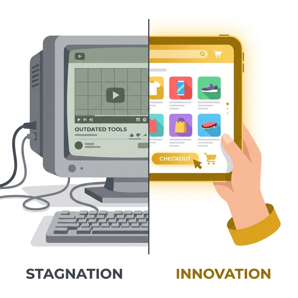 Split-screen comparison of outdated video conferencing and modern interactive shopping interface for sales meetings