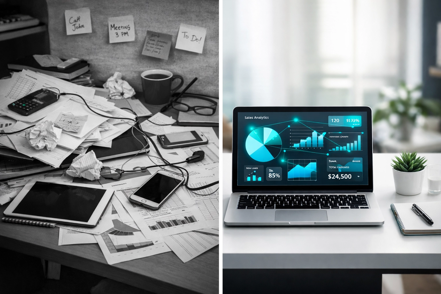 Cluttered desk versus organized contractor marketing system dashboard showing integrated approach