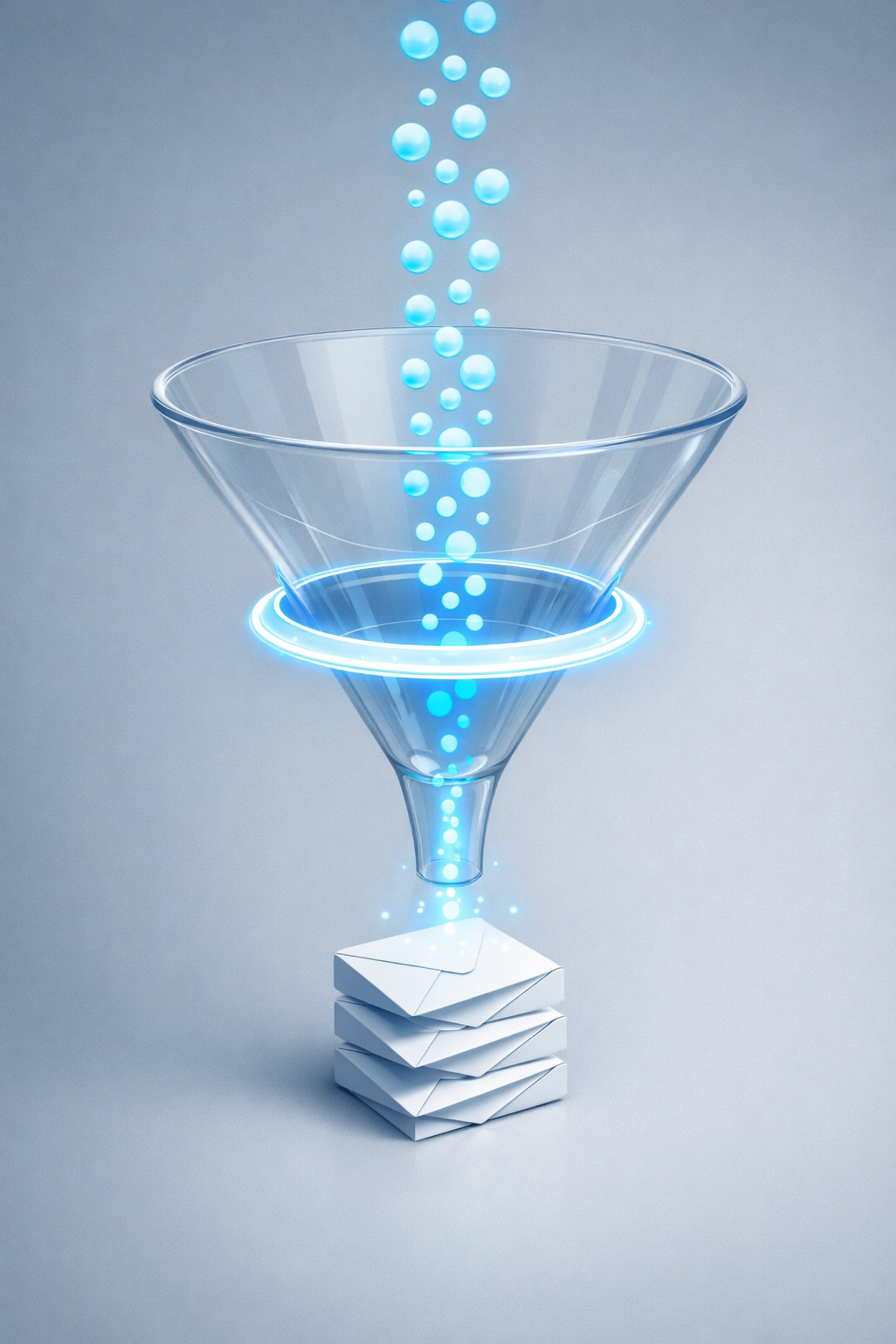 Digital funnel showing AI filtering website traffic into organized email leads for faster list building.