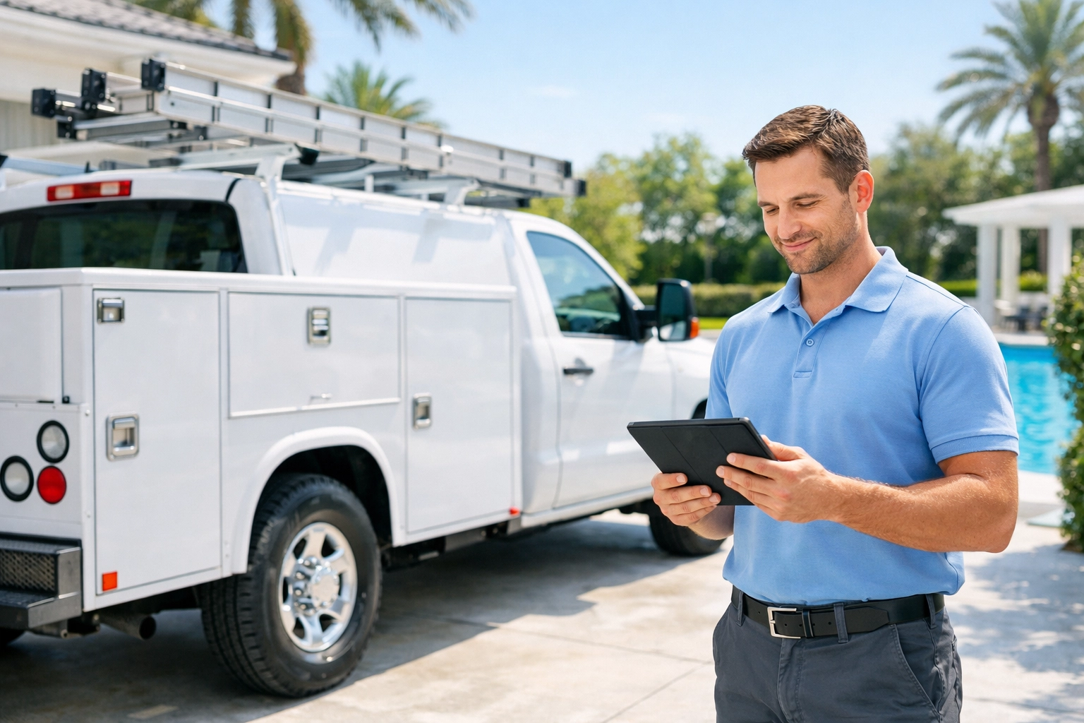 Professional pool service truck at a luxury estate, highlighting the premium value to sell my pool route.