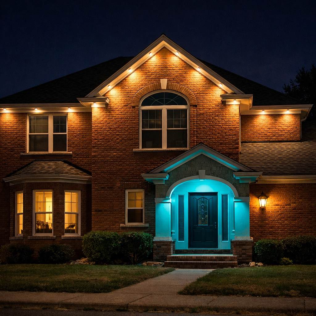 Permanent Lighting Secrets Revealed: What Landscape Lighting Experts in Nicholasville Won't Tell You Permanent architectural lighting on a Nicholasville home with warm white wall-wash and blue entry accents.