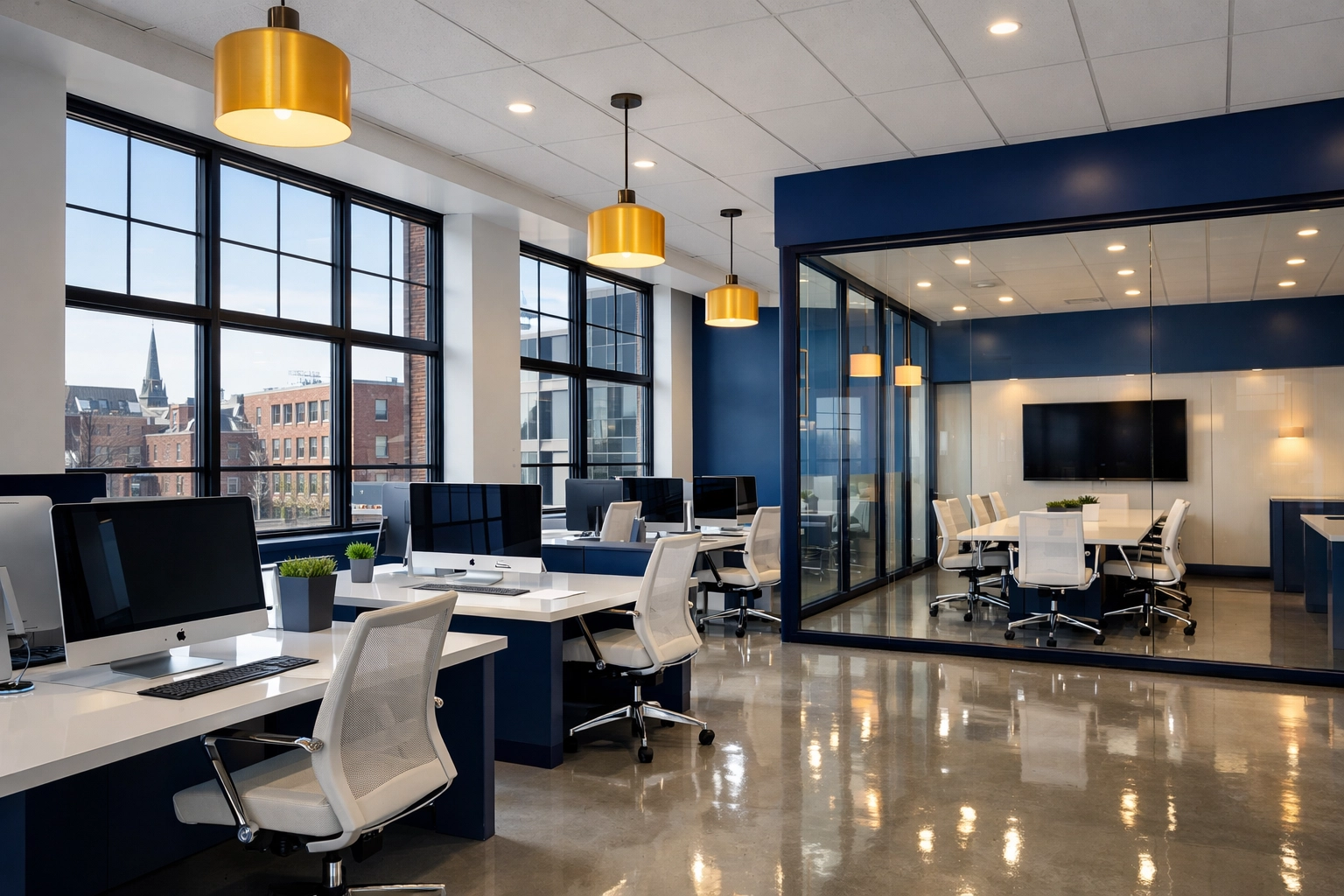 A clean, modern open-concept tech office in Somerville with glass partitions and minimalist workstations.