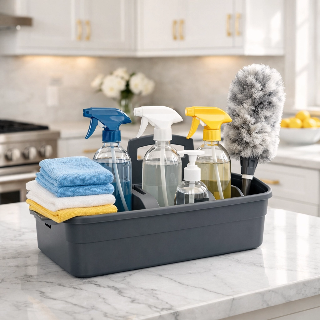 Organized caddy with eco-friendly house cleaning MA supplies ready for a Spring Cleaning Ninja Strike mission.