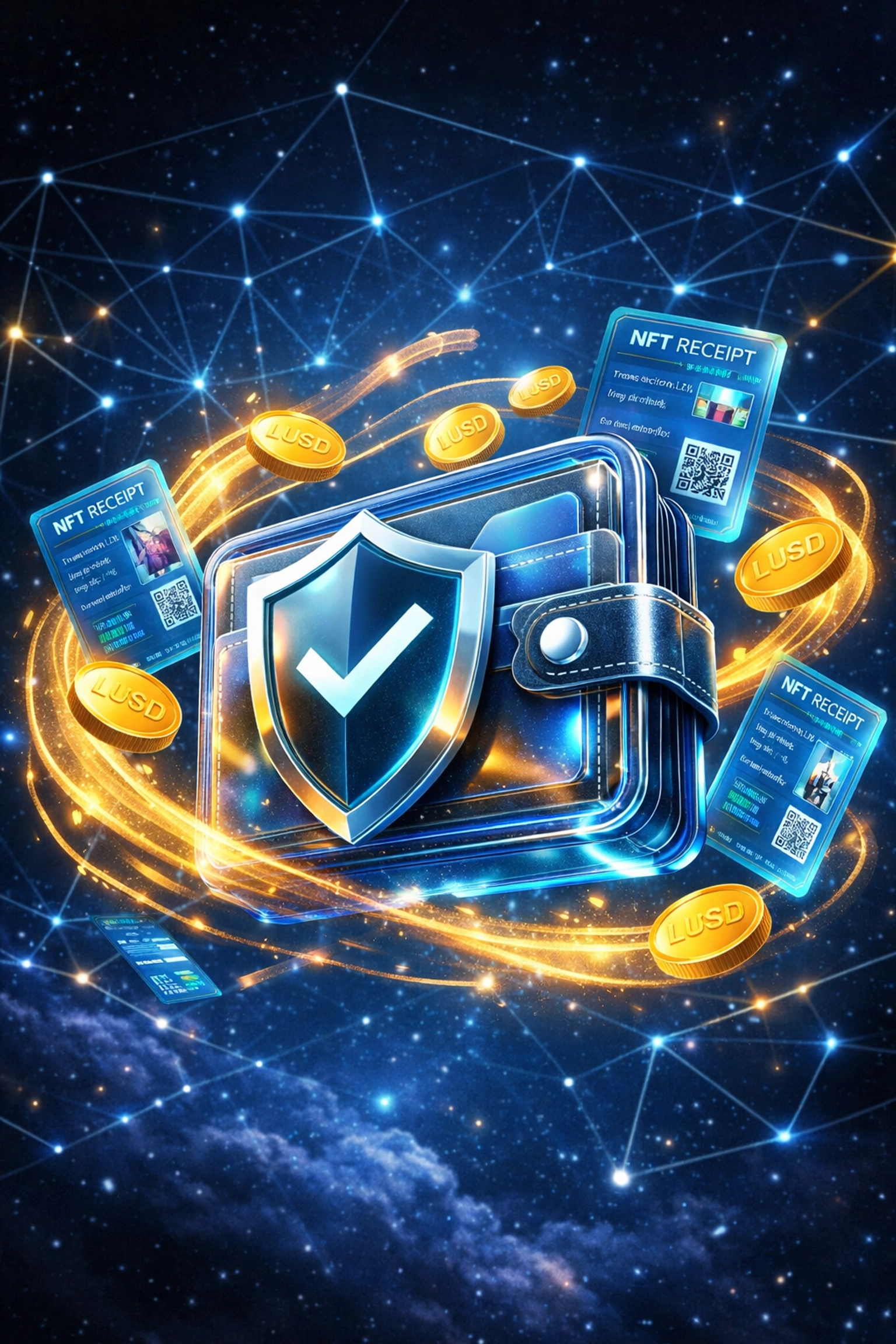 Secure self-custody wallet with LUSD stablecoin tokens and NFT receipt cards on blockchain network