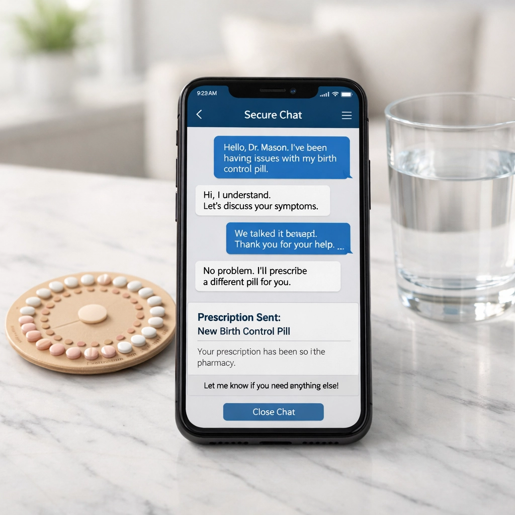 Online birth control prescription consultation on a smartphone via secure text messaging next to a pill pack.