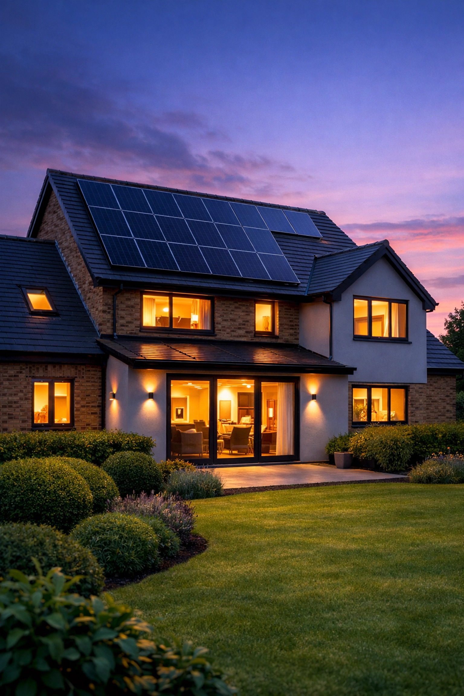 Contemporary home with black solar panels installed for residential renewable energy