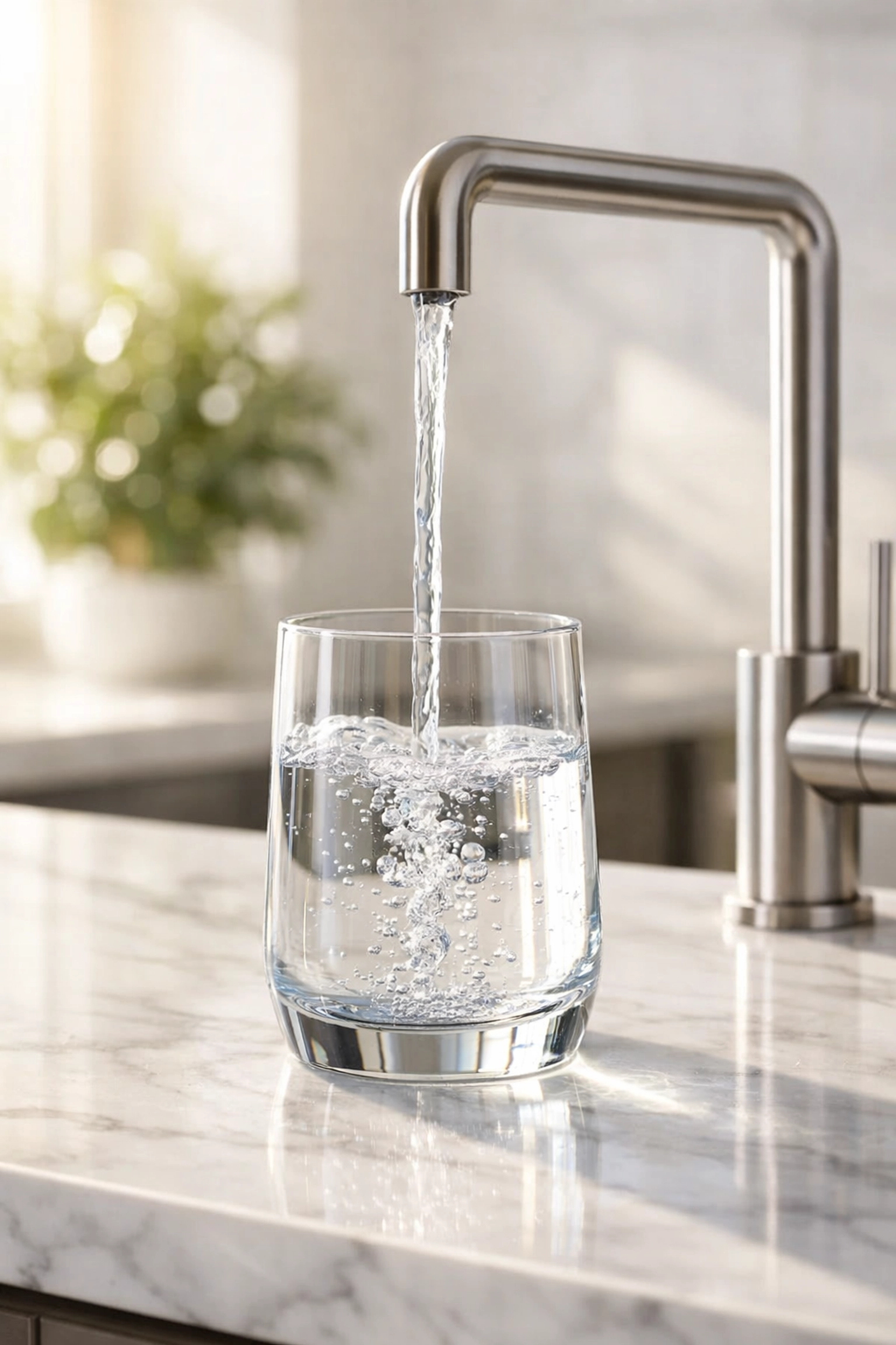 A steady flow of water filling a glass, representing an automated CRM system fixing the leaky bucket problem.