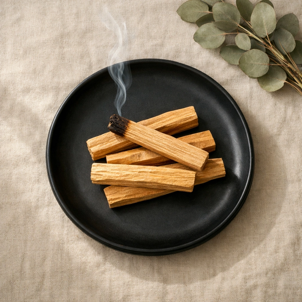 Ethically-sourced palo santo sticks with smoke on ceramic plate for sustainable smudging
