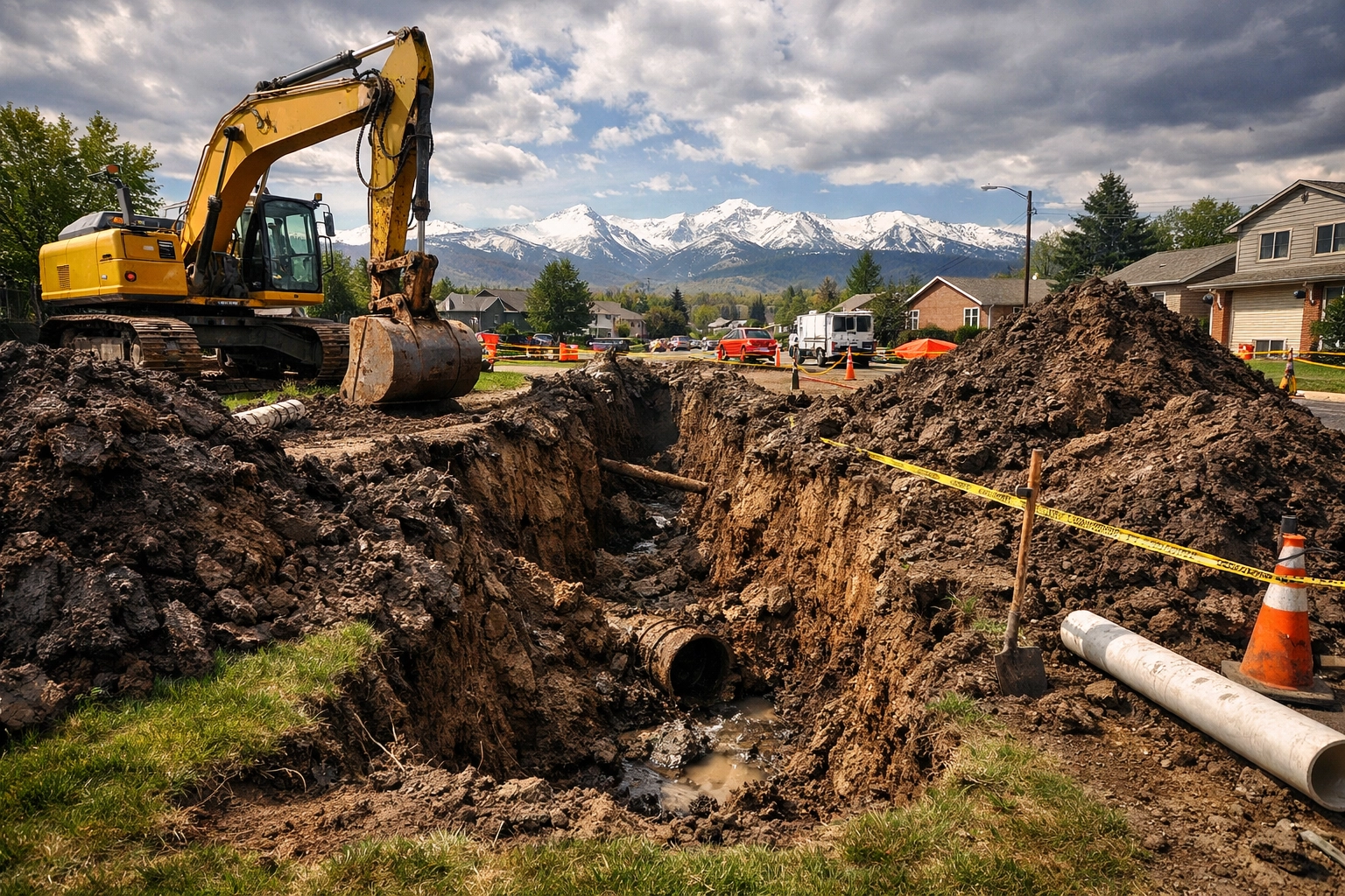 Traditional sewer repair in Denver showing a disruptive trench and excavator in a residential front yard.