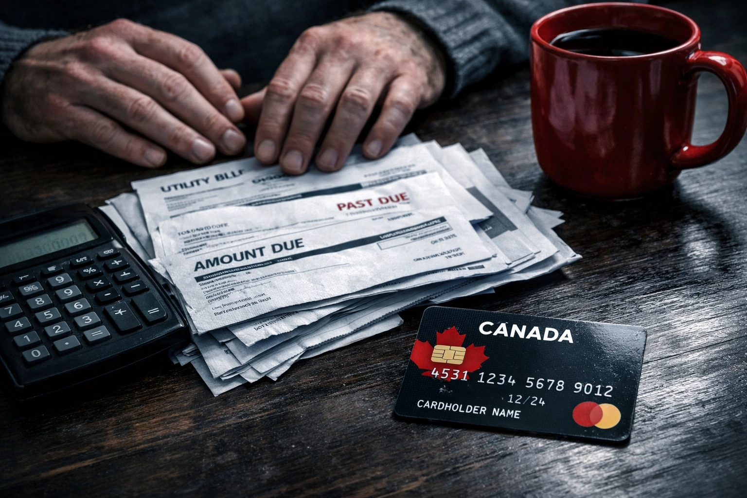A person managing credit card debt and monthly bills at a kitchen table in Canada.