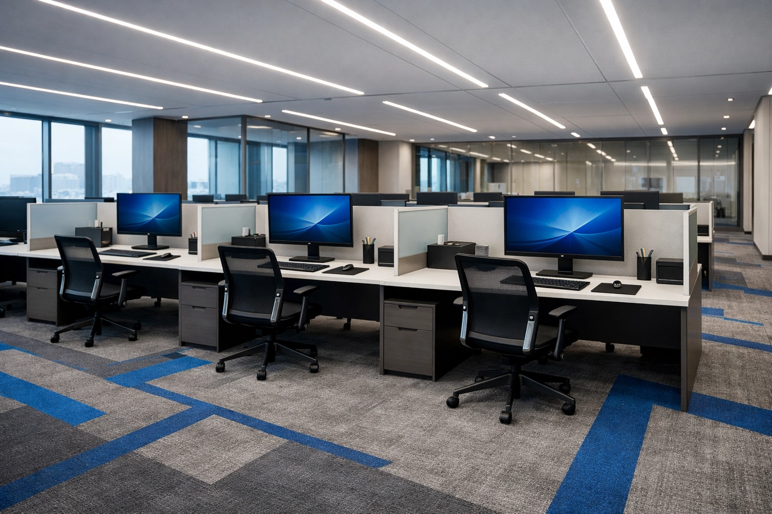 Organized workstations in a contemporary office reflecting professional office cleaning Milford.