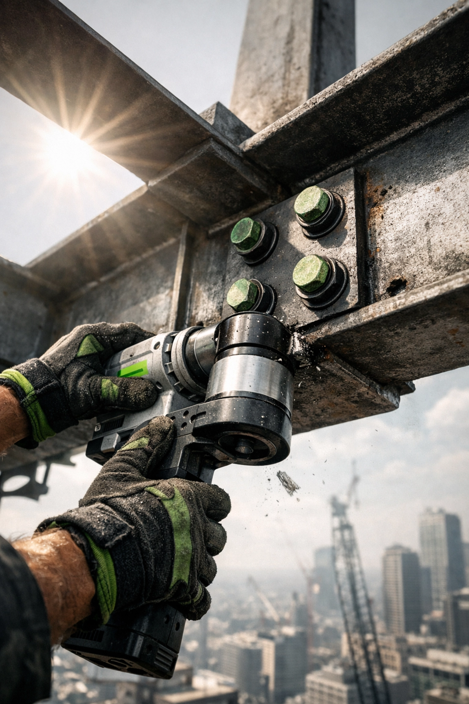 Ironworker installing TC bolts on steel beam connection at construction site