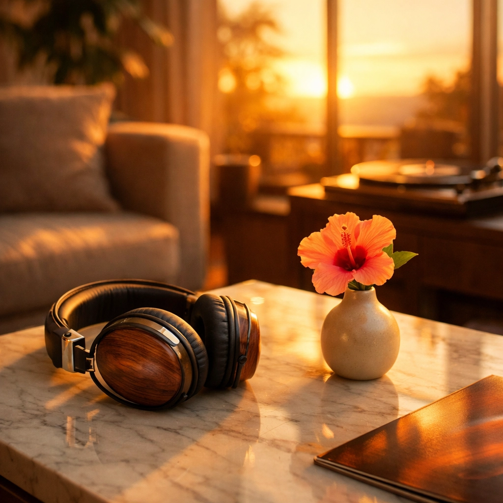 Premium wood-grain headphones on a table in a sunlit room for a high-quality listening experience.