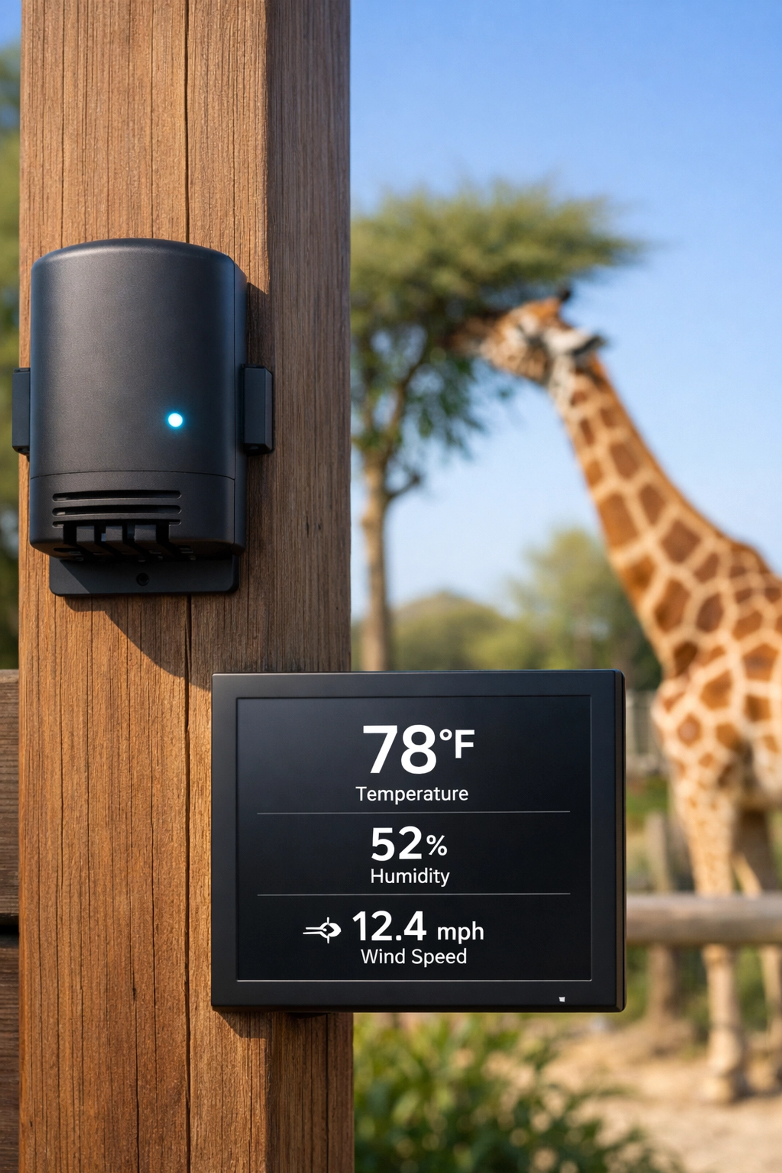 Integrated IoT smart sensor and digital display providing visitor analytics near a giraffe exhibit.