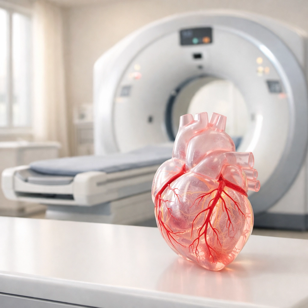 Cardiac calcium score CT scanner with anatomical heart model for coronary artery testing