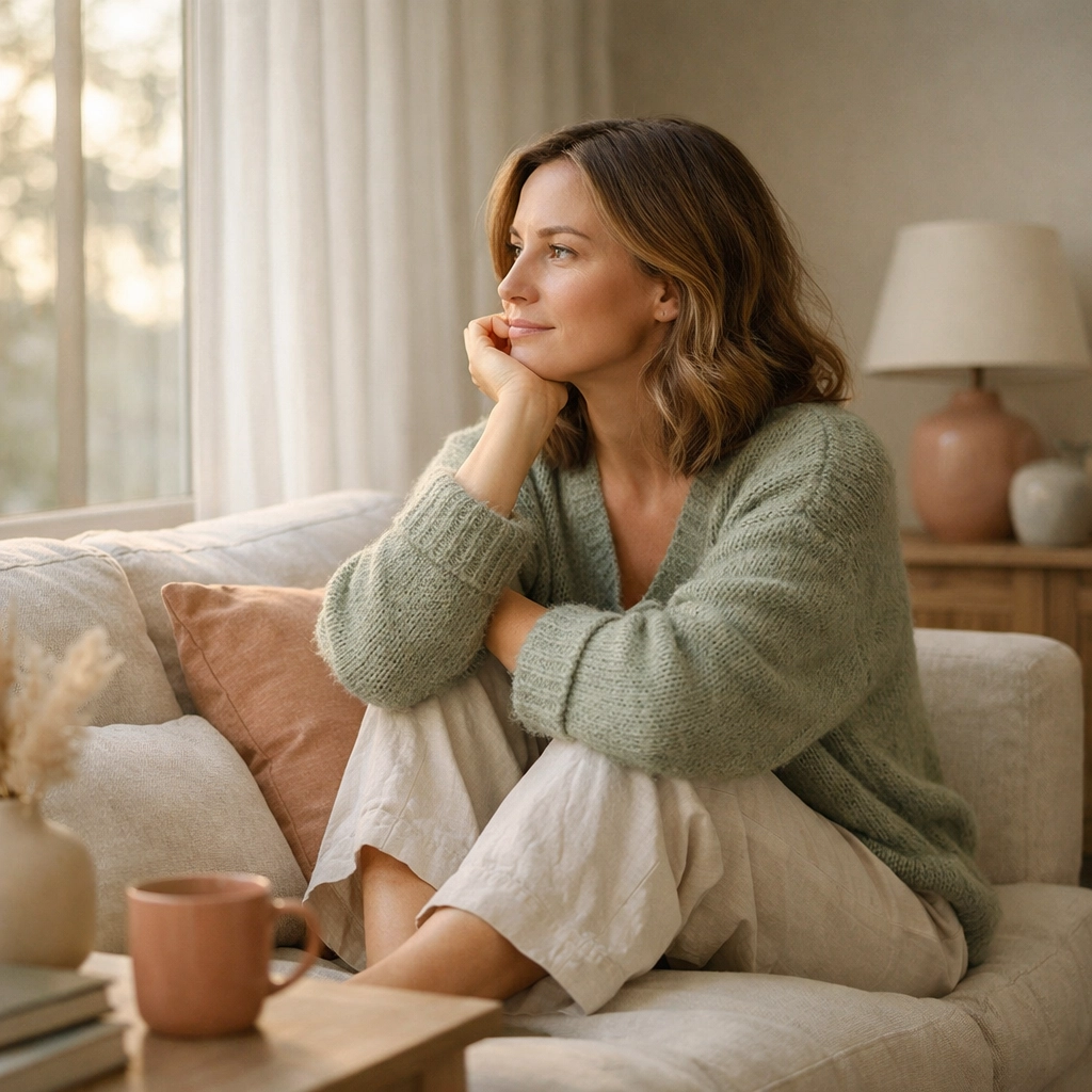 A woman reflecting in her Georgia home, highlighting the need for local mental health support.