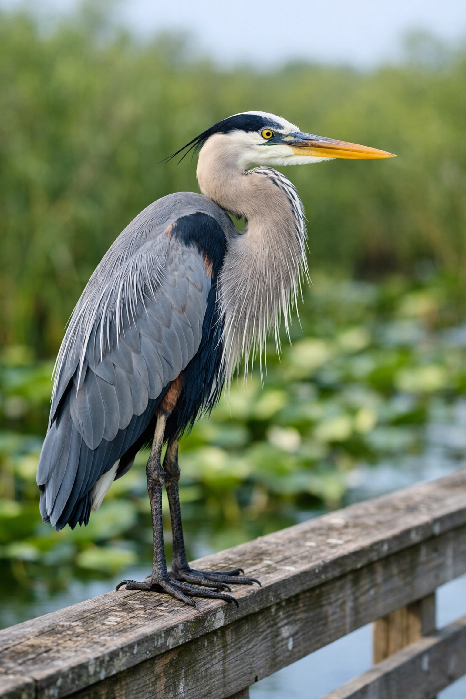 A Great Blue Heron perched on an Everglades boardwalk, a top spot for beginner wildlife photography.