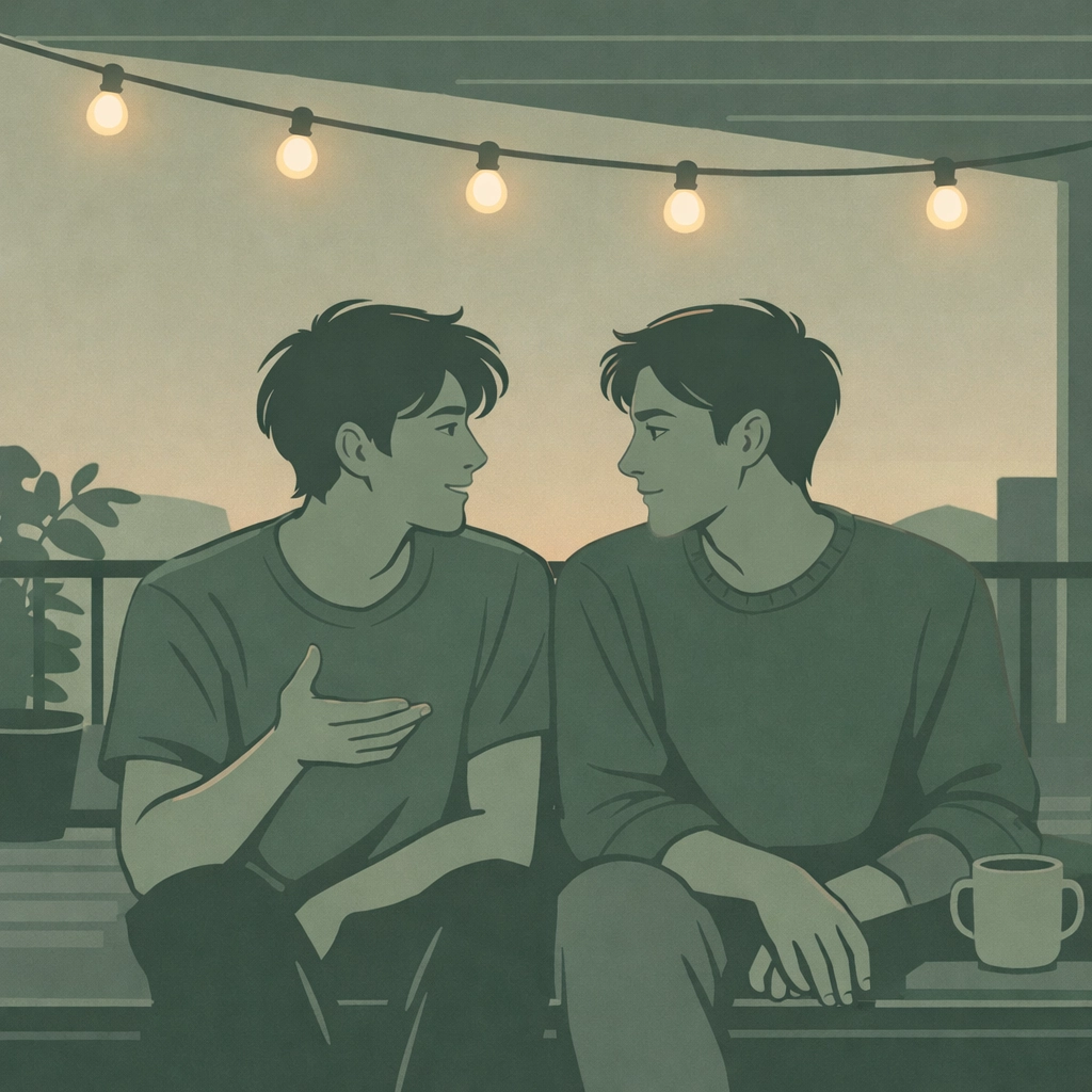 Two men in intimate conversation at dusk in heartfelt gay romance conclusion