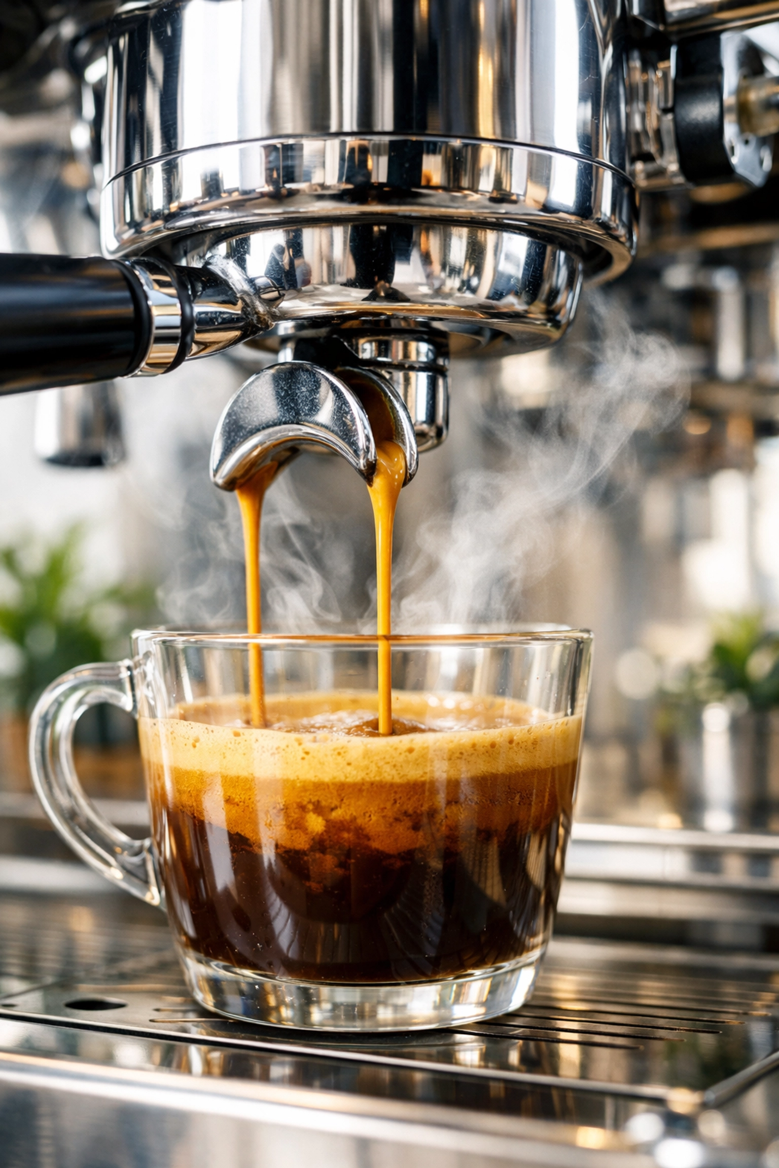 Close-up of a professional espresso machine pouring a shot with rich, golden crema.