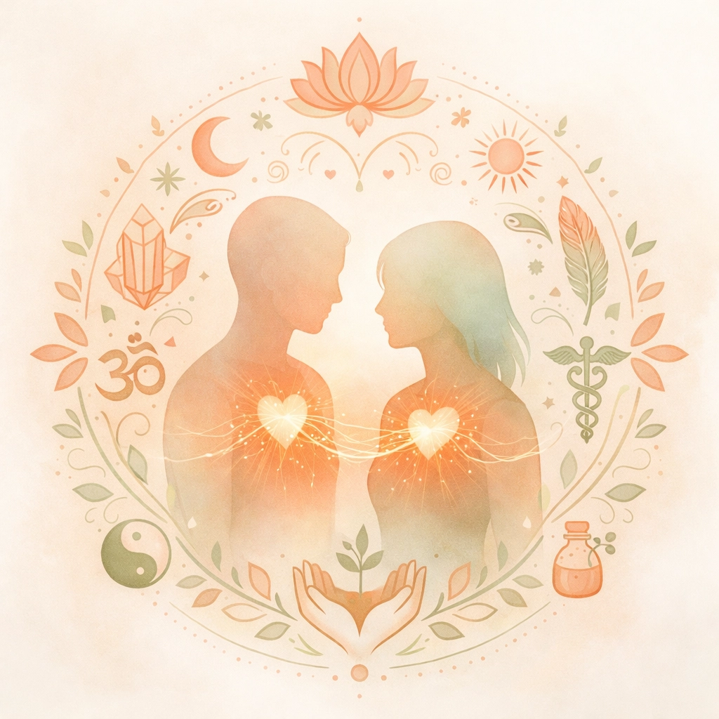 Two connected figures illustrating compassionate shadow work and heart-centered healing