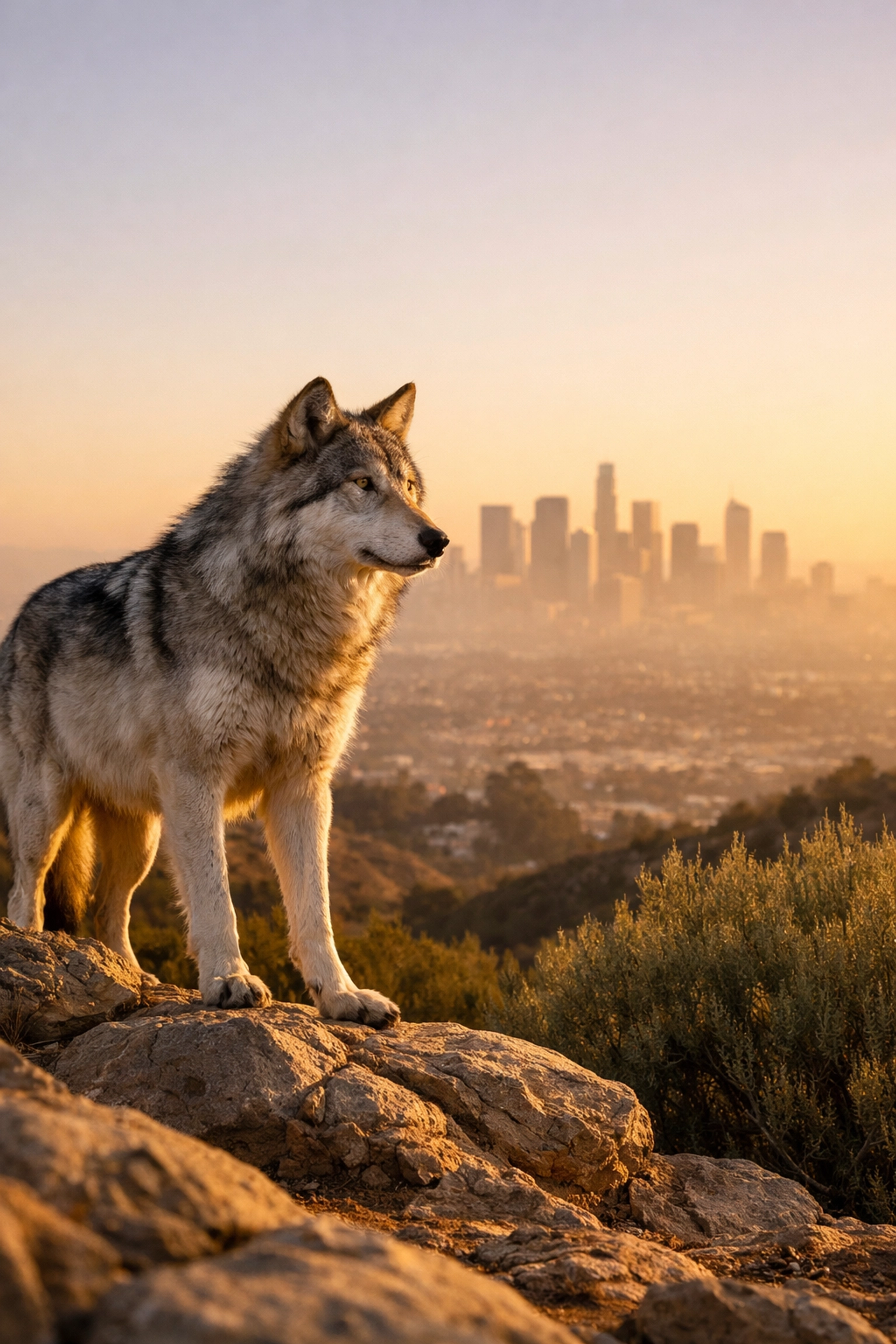 Gray wolf overlooking Los Angeles after century-long absence from the region