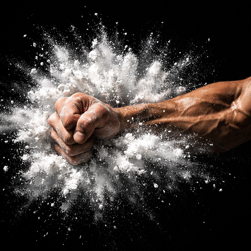 Athlete's fist breaking through protein powder showing strength and determination