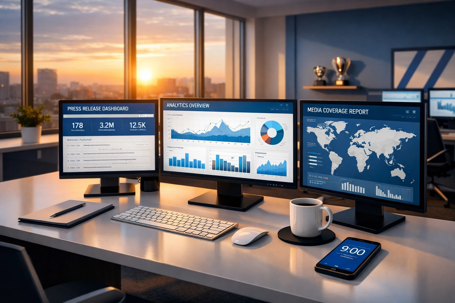 Sports marketing agency workspace at 9AM showing press release automation dashboards and analytics