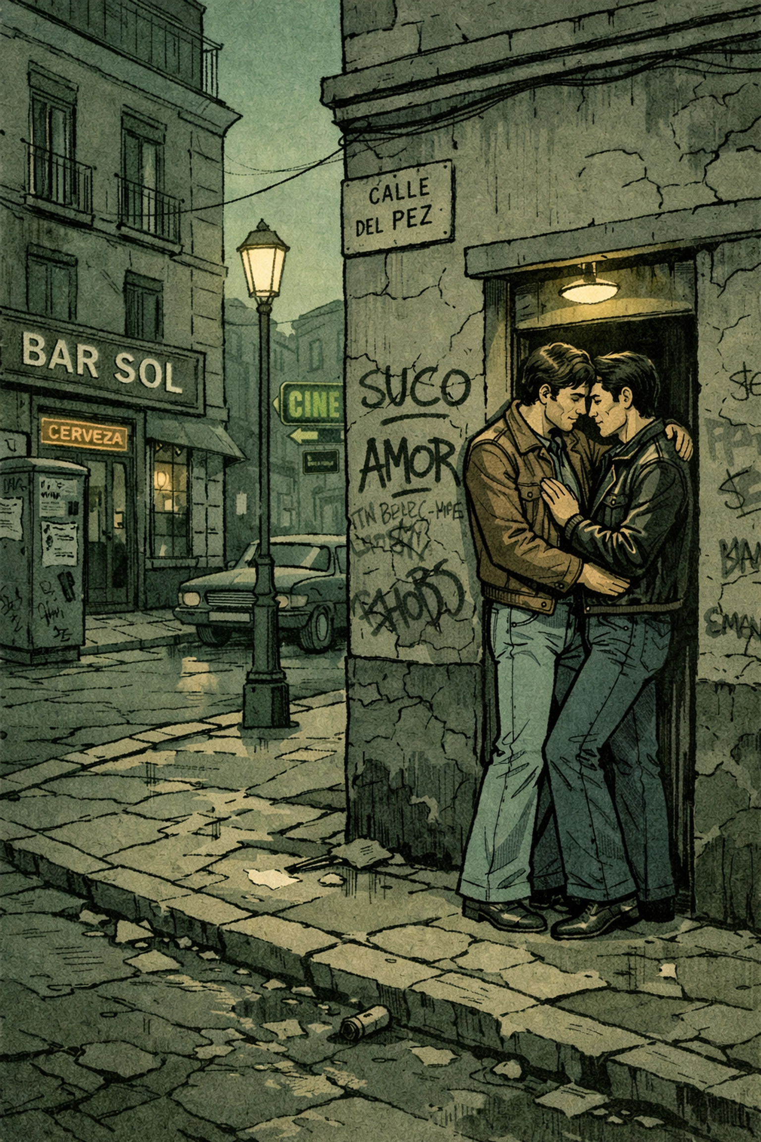 Gay men in 1970s Chueca Madrid seeking safety in run-down neighborhood before democracy