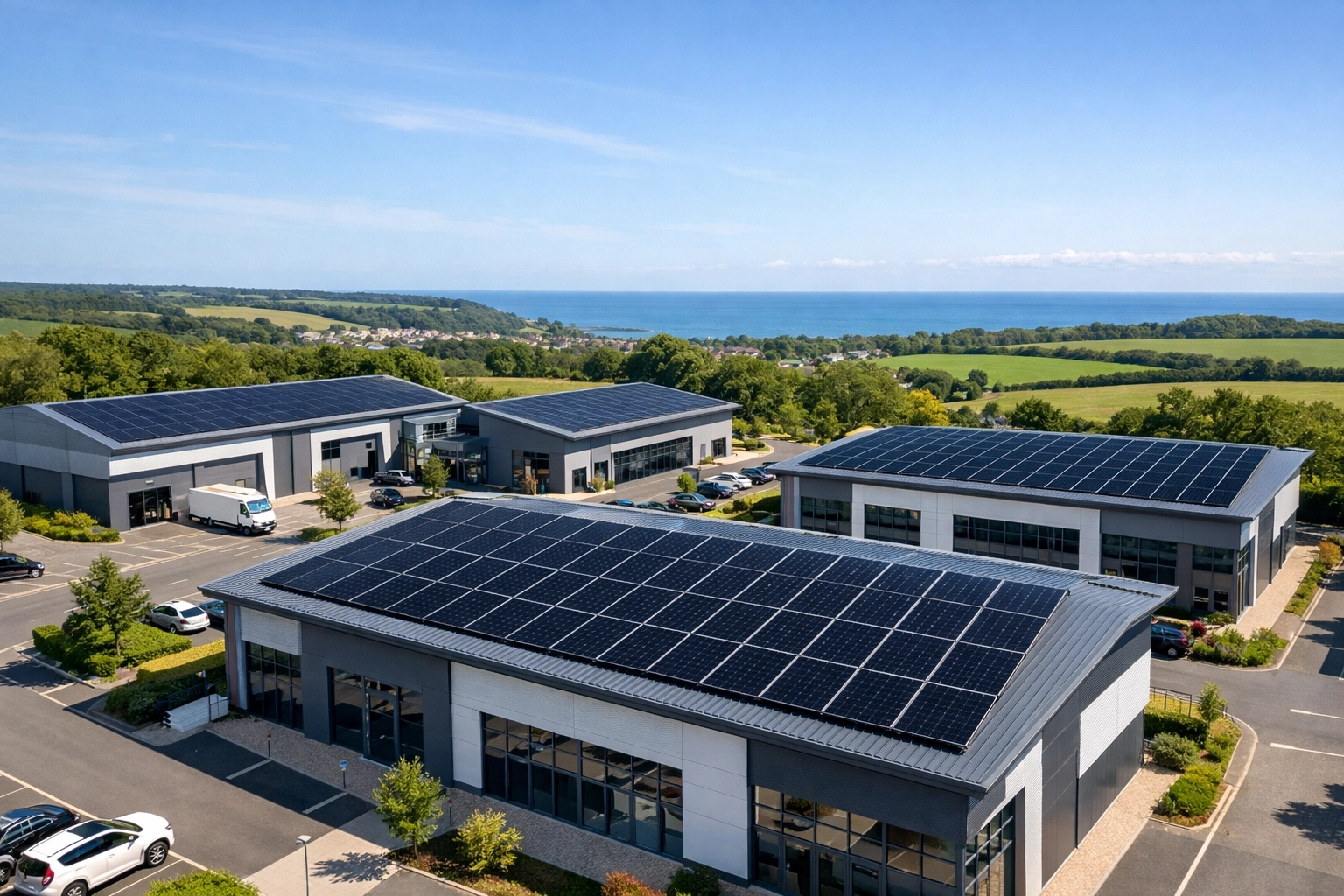 Aerial view of a sustainable business park with high-efficiency commercial solar panel installations.