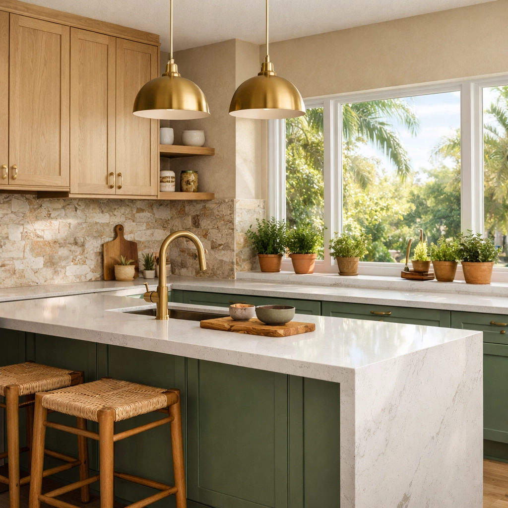 Kitchen remodeling Orlando featuring white oak cabinets, sage green island, and natural materials