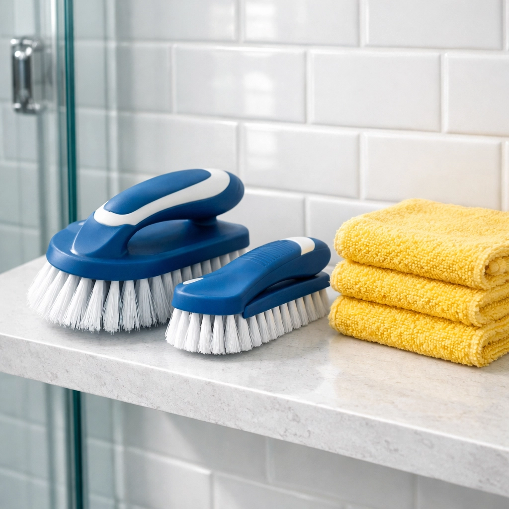 Stiff-bristled scrub brushes for deep cleaning bathroom grout and tiles, part of a ninja cleaning kit.