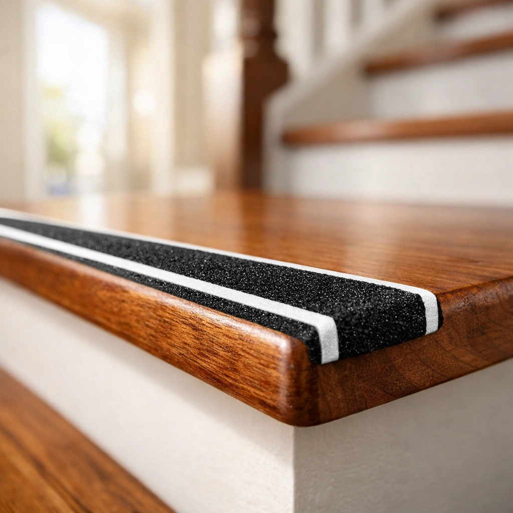 Non-slip safety strip applied to the edge of a wooden stair tread to prevent slipping and improve safety.