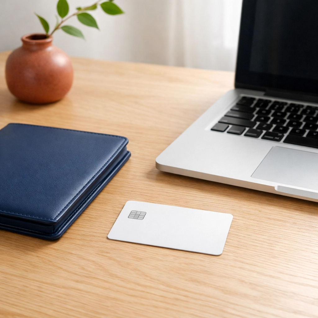 Minimalist desk with a credit card symbolizing smart credit utilization and financial management.