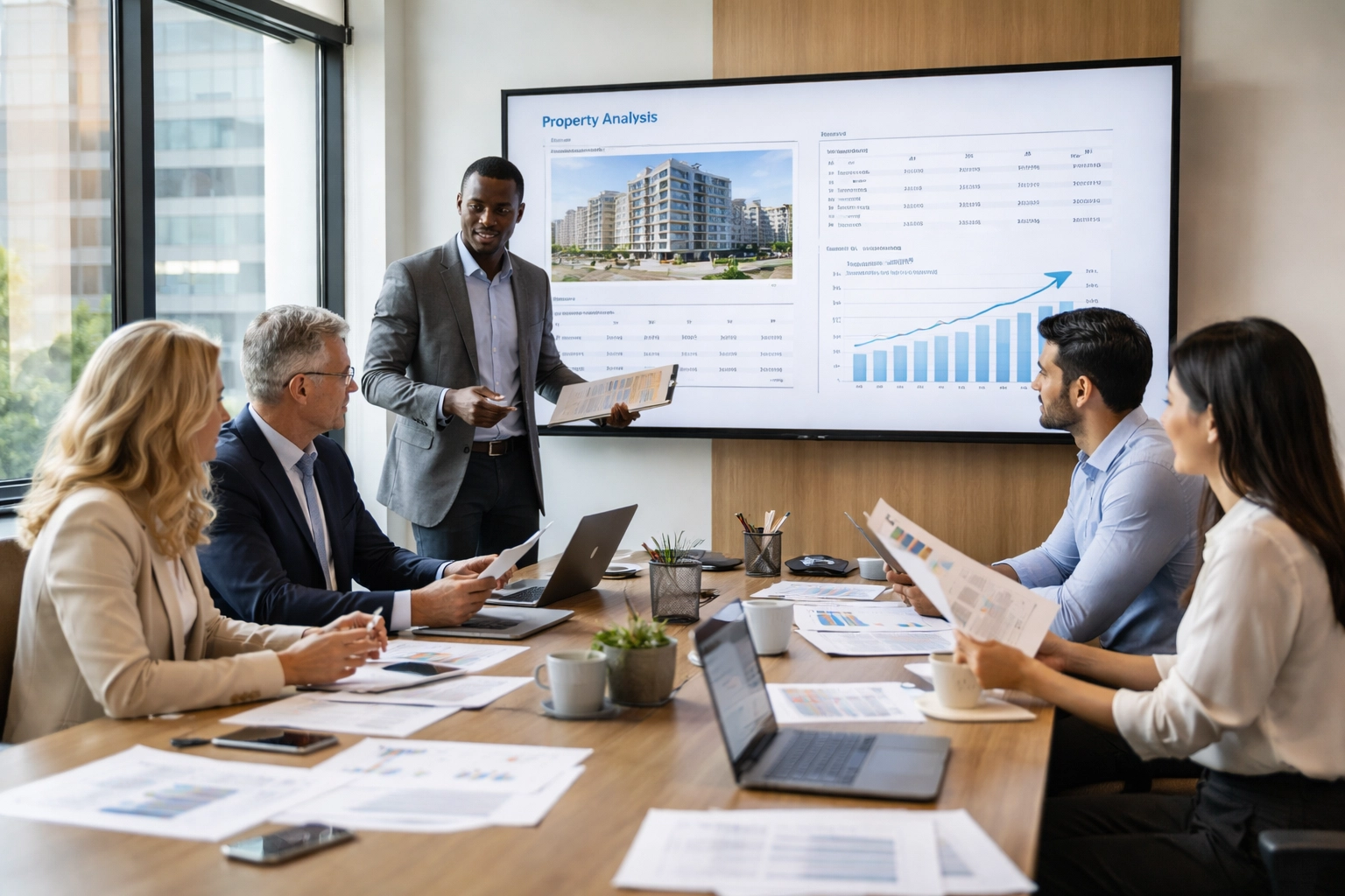 Photorealistic photo of a diverse real estate team in a modern office meeting reviewing property financials and deal analysis data on a screen and printed documents
