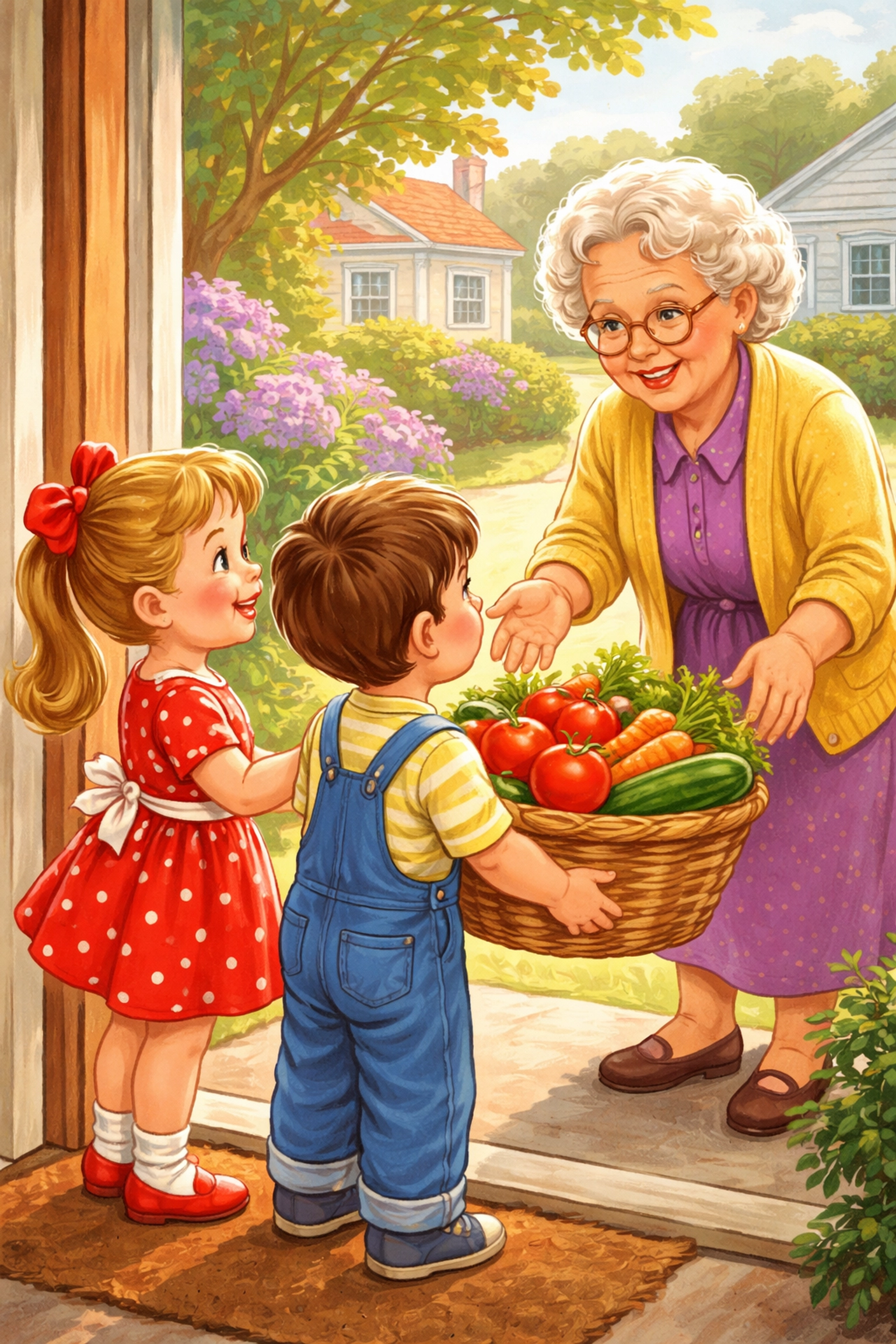 Kids giving a basket of garden vegetables to a smiling neighbor, modeling generosity and community sharing.