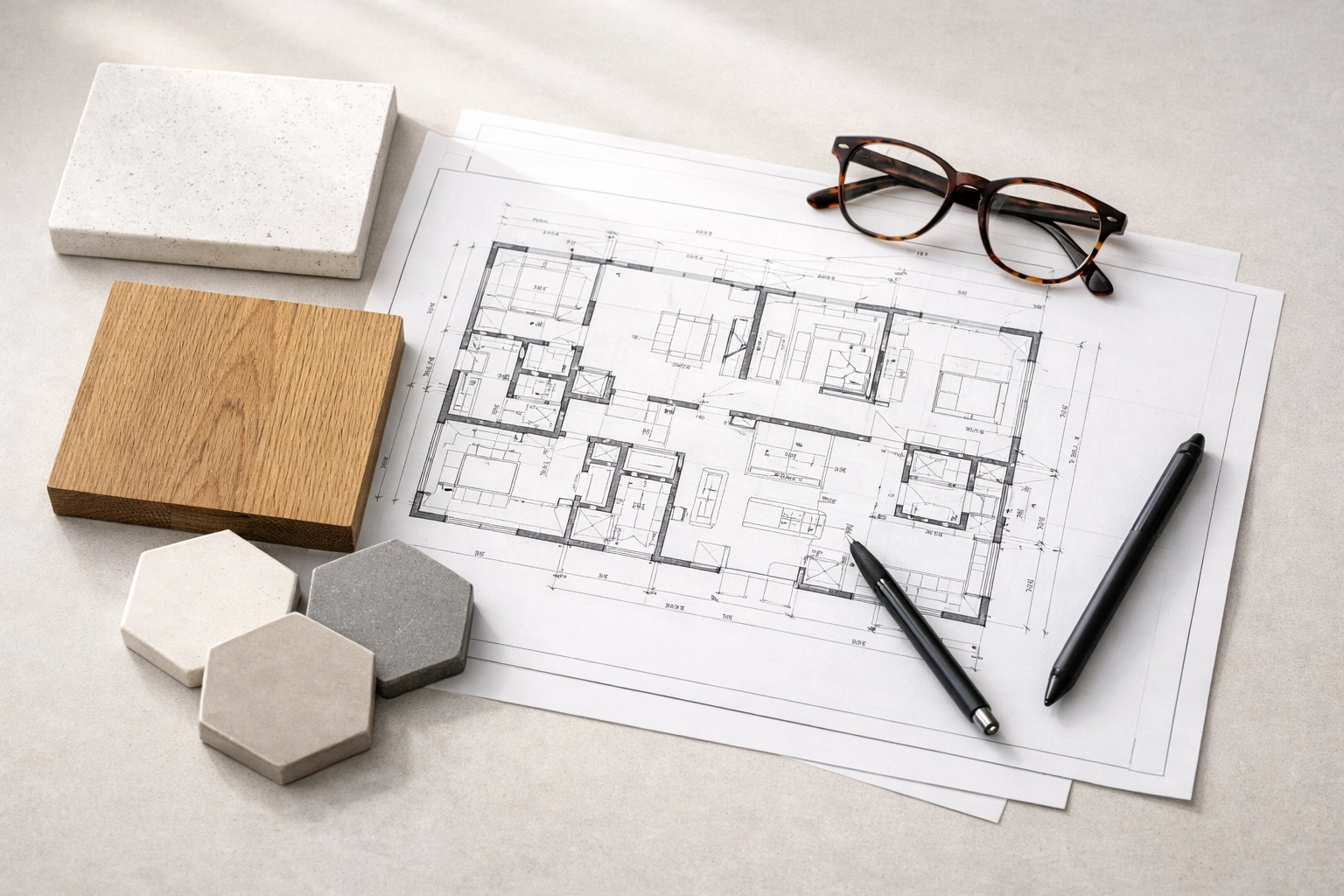 Professional home renovation planning with architectural blueprints and premium flooring samples.