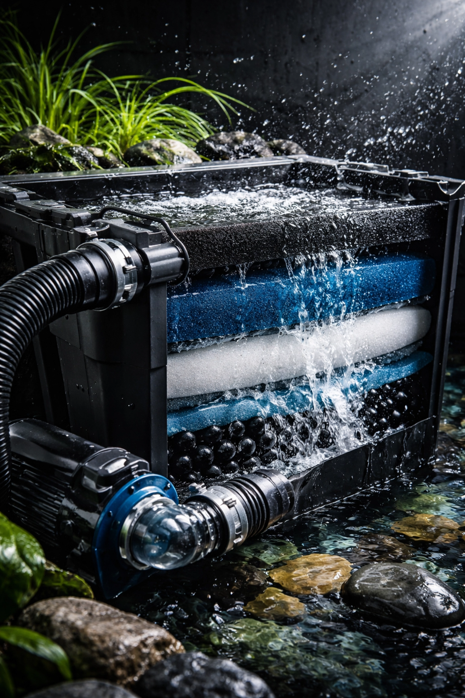 Professional pond filtration system being cleaned to improve outdoor pond maintenance and water clarity