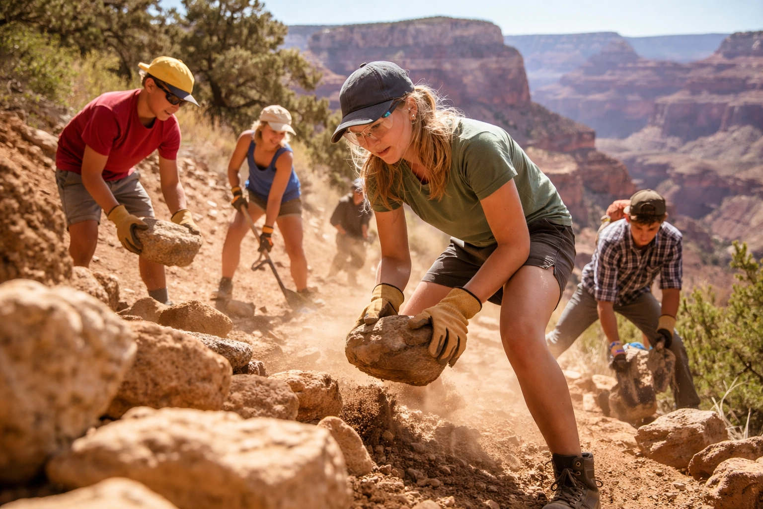 Teen volunteers repair a Grand Canyon trail as part of a hands-on environmental stewardship experience
