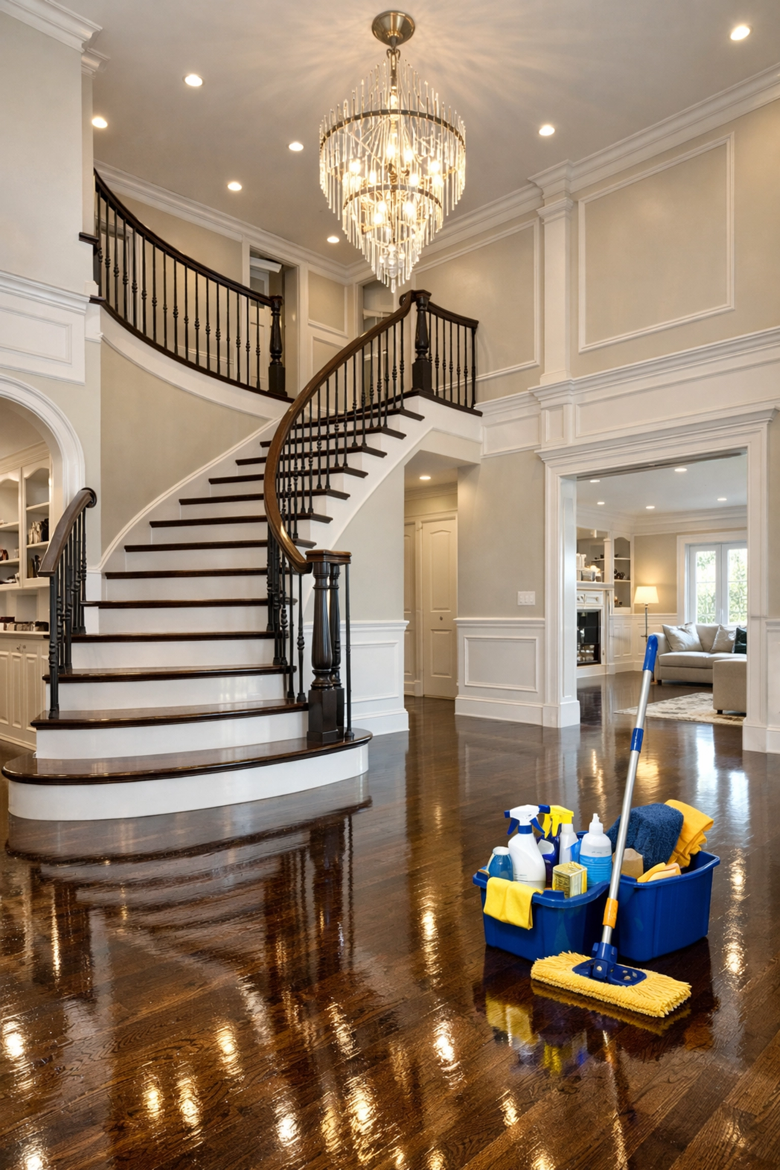Renovated grand foyer after deep cleaning luxury waterfront properties in Cohasset post-construction.