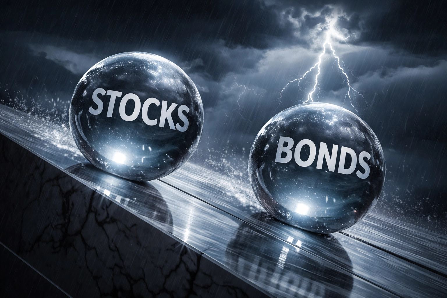 Illustration of stocks and bonds declining together during financial turmoil, highlighting 60/40 portfolio risk.