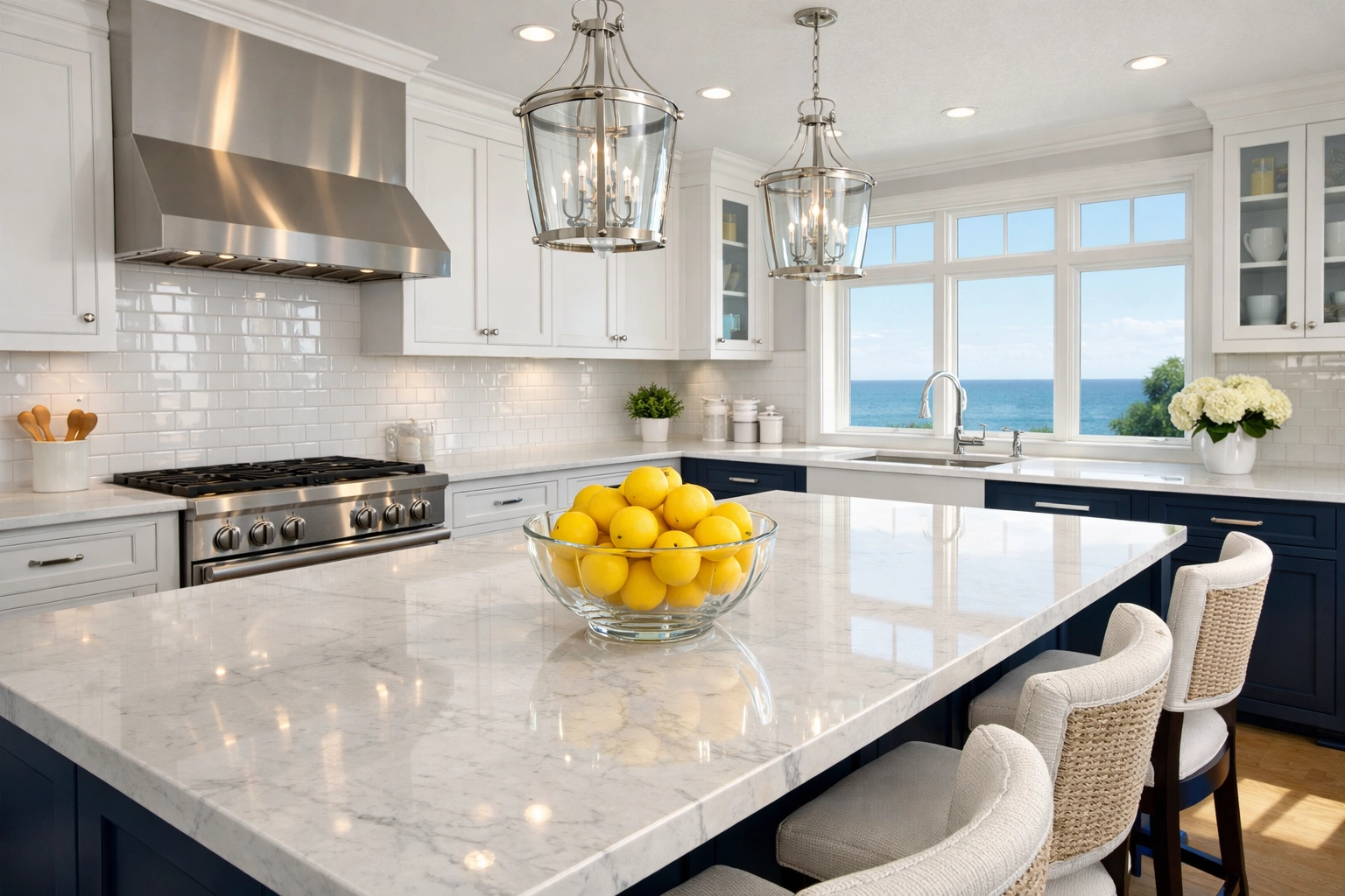 Spotless Swampscott kitchen with marble countertops sanitized by professional Swampscott maid services.