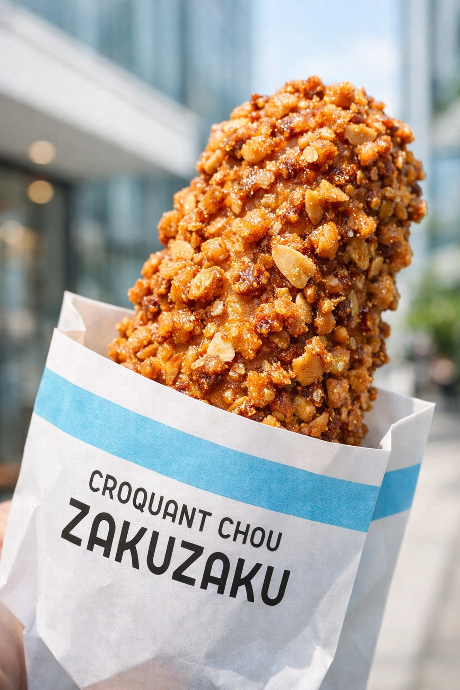 Close-up of a golden-brown Croquant Chou ZakuZaku almond pastry on a street in Harajuku.