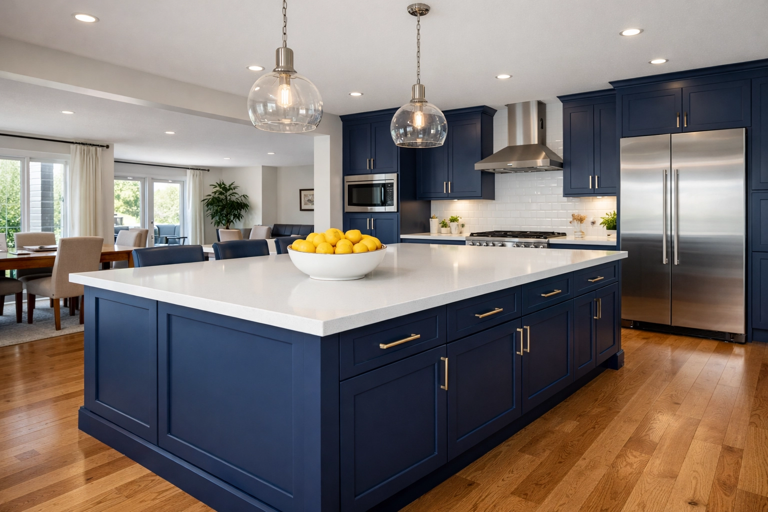 Navy blue kitchen island and refaced cabinetry showing modern style trends in Saskatoon.