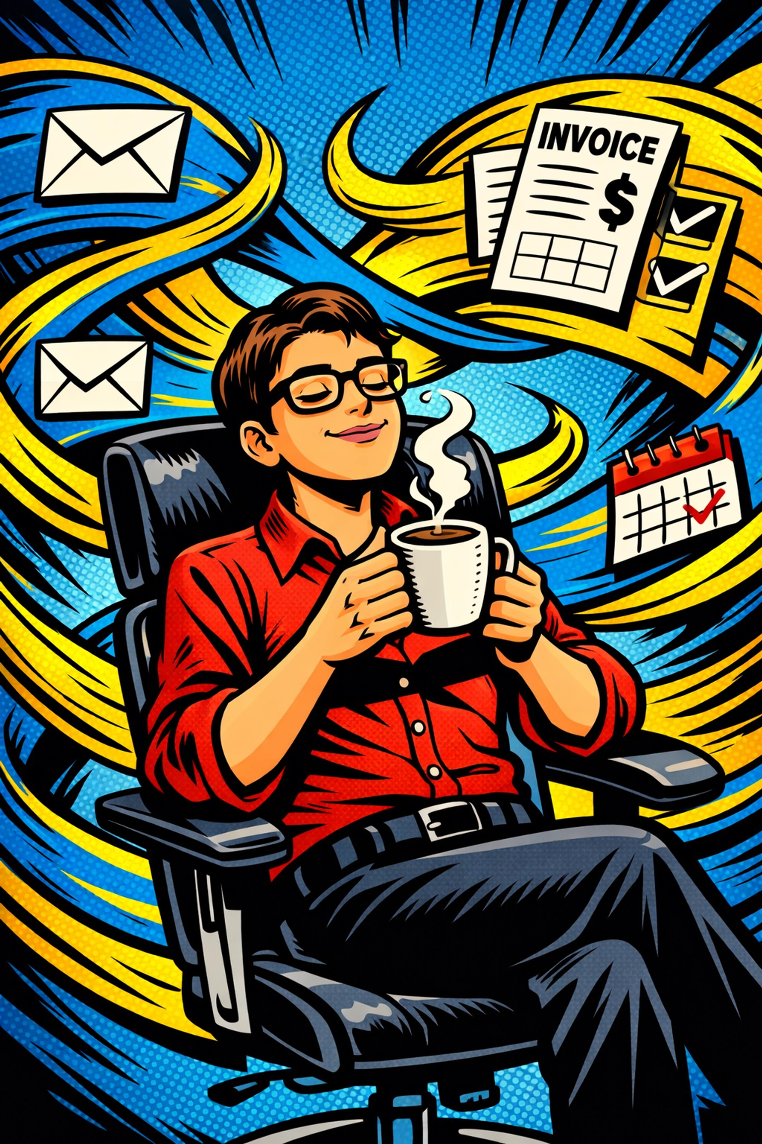 Entrepreneur relaxing with coffee as workflow automation for small business manages digital tasks and emails.