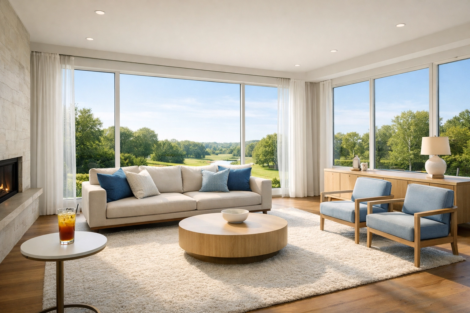 A bright, clutter-free living room in a modern Bucks County 55 plus retirement community.