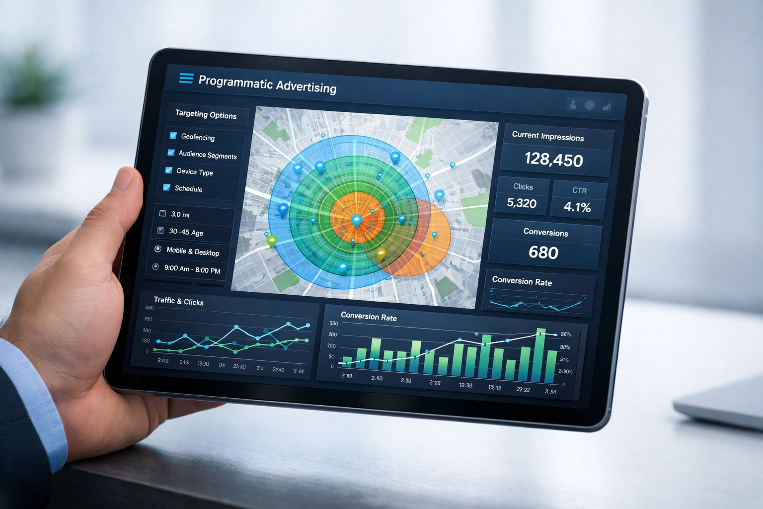 Tablet showing programmatic DOOH geo-fencing map with targeting zones and analytics