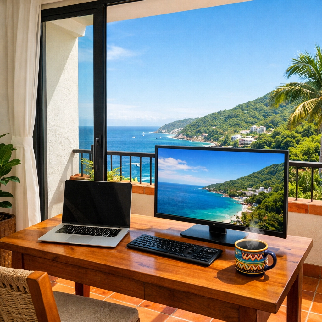 Remote work setup in a Puerto Vallarta apartment rental overlooking the Pacific Ocean in Amapas.