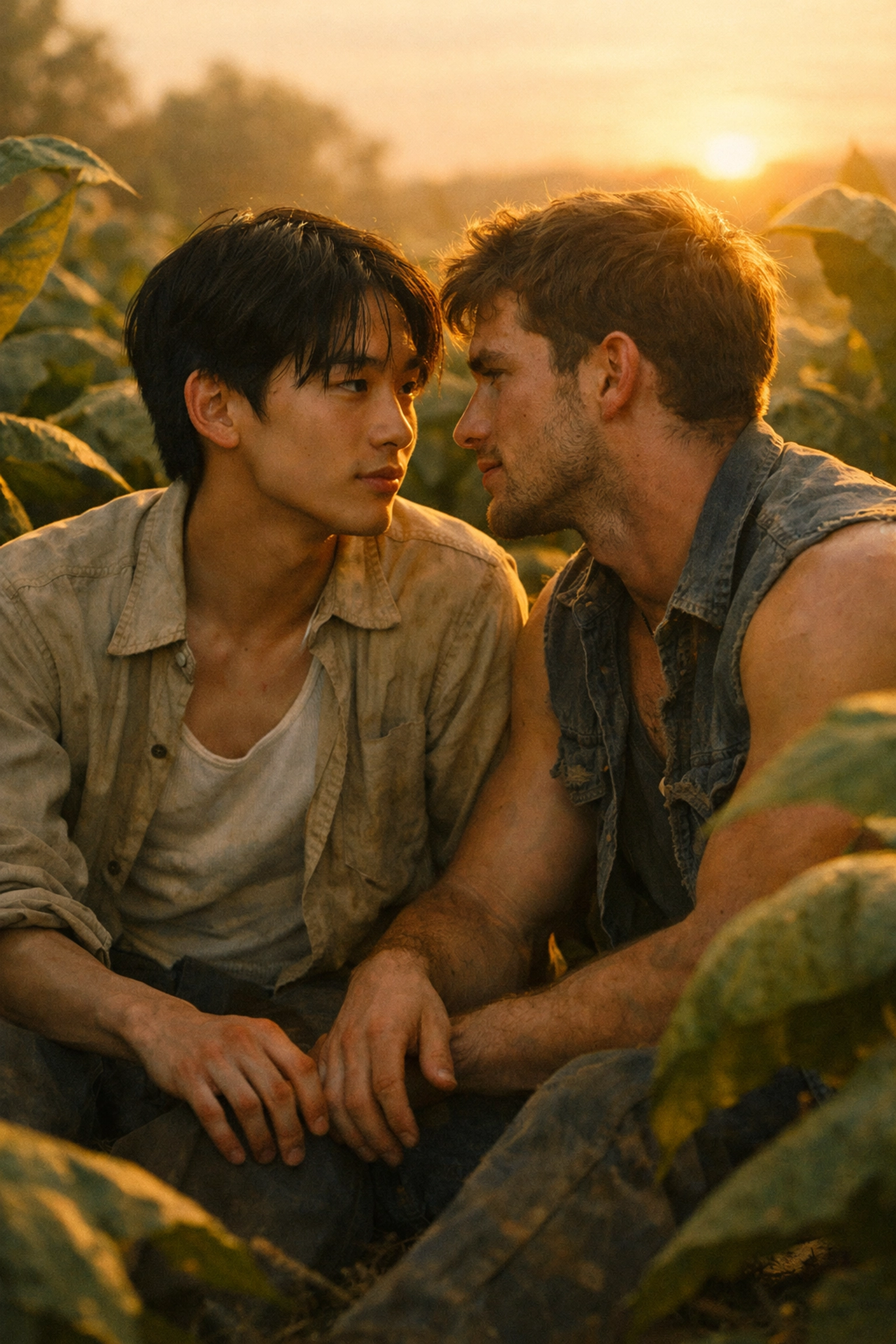 Two men sharing intimate moment in tobacco field representing gay love story from Ocean Vuong novel